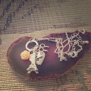Eifle tower love heart bow silver necklace